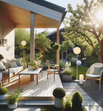 Lys og innbydende norsk hage med moderne uteplass, grønne planter, minimalistisk møblement og solcellebelysning i mykt morgenlys