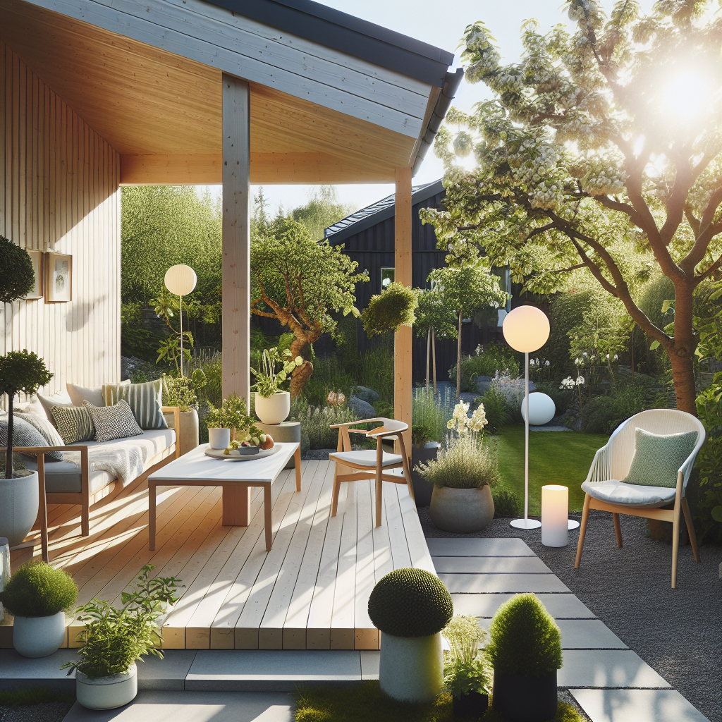 Lys og innbydende norsk hage med moderne uteplass, grønne planter, minimalistisk møblement og solcellebelysning i mykt morgenlys