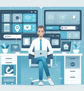 Moderne kundesupport for smart-hjem: vennlig kundebehandler foran skjermer med smart-enheter og ikonografi for chat, e-post og telefon, i et rent nordisk fargepalett