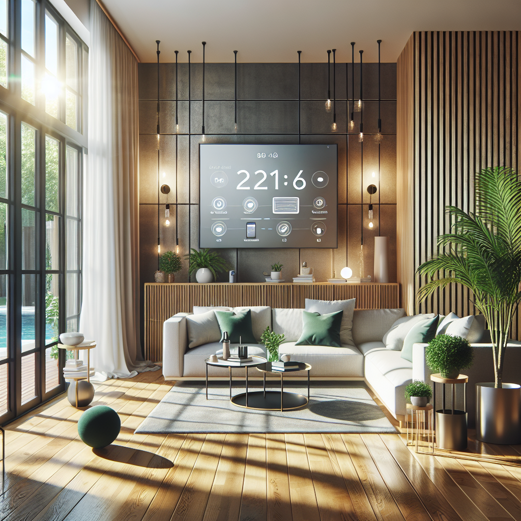 Fotorealistisk bilde av moderne stue med populære bestselgere: stilrent interiør, smarthjem-enheter, grønne planter og naturlig lys