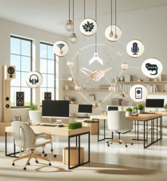 Moderne kontor og smart-hjem produkter i et lyst, nordisk miljø, symboler for kundeservice, samarbeid og bærekraft