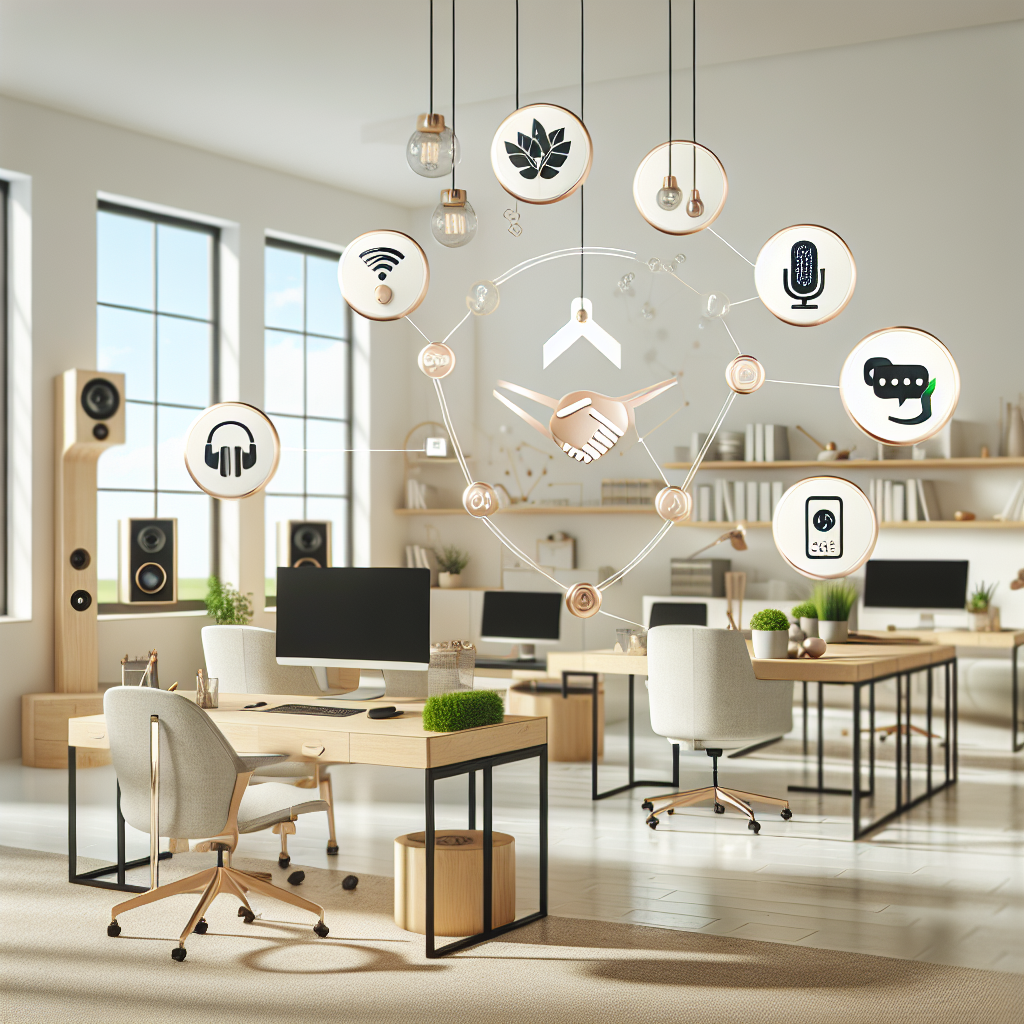 Moderne kontor og smart-hjem produkter i et lyst, nordisk miljø, symboler for kundeservice, samarbeid og bærekraft