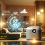 Modernt smarthjem-produkt i fokus, stilren stue med smartlys, datavisualisering av sparte penger, varme toner, høy oppløsning
