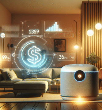Modernt smarthjem-produkt i fokus, stilren stue med smartlys, datavisualisering av sparte penger, varme toner, høy oppløsning