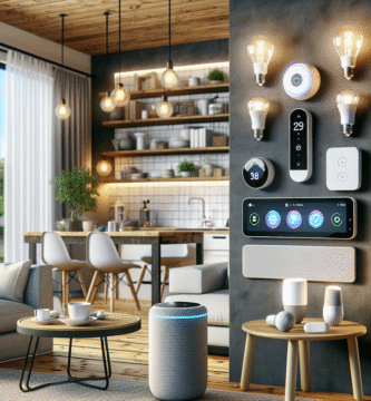 Et moderne, koselig hjem med smarte enheter: smartlyspærer, termostat, kamera og smarthøyttaler i et lyst oppholdsrom, realistisk stil