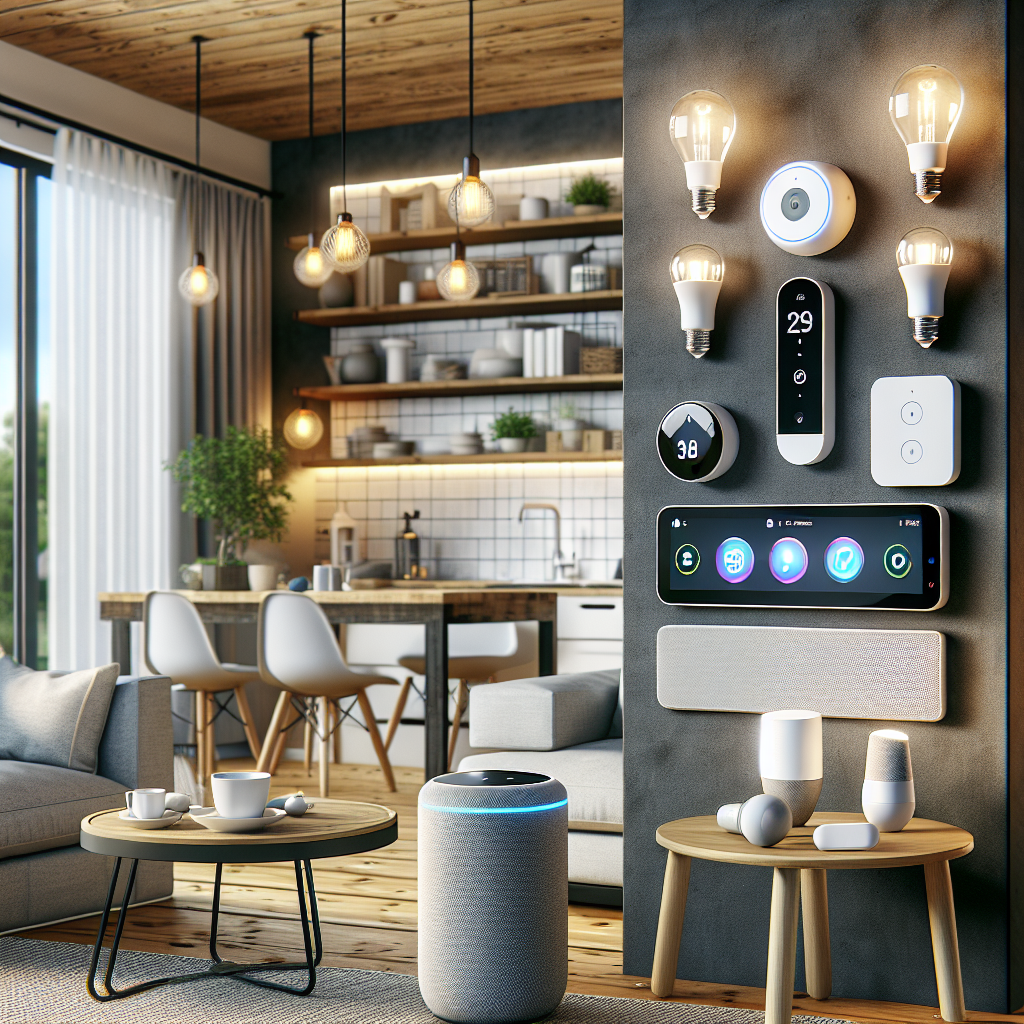 Et moderne, koselig hjem med smarte enheter: smartlyspærer, termostat, kamera og smarthøyttaler i et lyst oppholdsrom, realistisk stil
