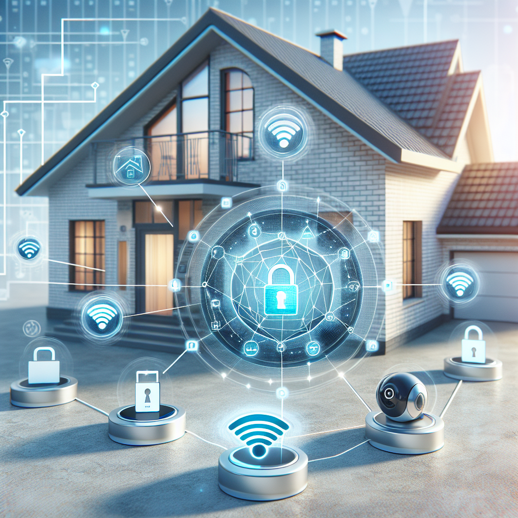 Et moderne smarthjem med synlige trådløse signaler, lås, kamera og en sikkerhetslås-ikon over nettverksdiagram, rent og profesjonelt uttrykk