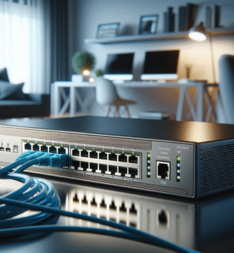 Nærbilde av en moderne nettverksswitch med lan-porter og kabler, blått og grønt lys, stilrent hjemmekontor i bakgrunnen, realistisk og profesjonelt