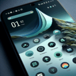 Nærbilde av en Android-telefon med moderne widgets på hjemskjermen, smarthjem-ikoner i bakgrunnen, ren blå-grønn fargepalett