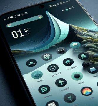 Nærbilde av en Android-telefon med moderne widgets på hjemskjermen, smarthjem-ikoner i bakgrunnen, ren blå-grønn fargepalett