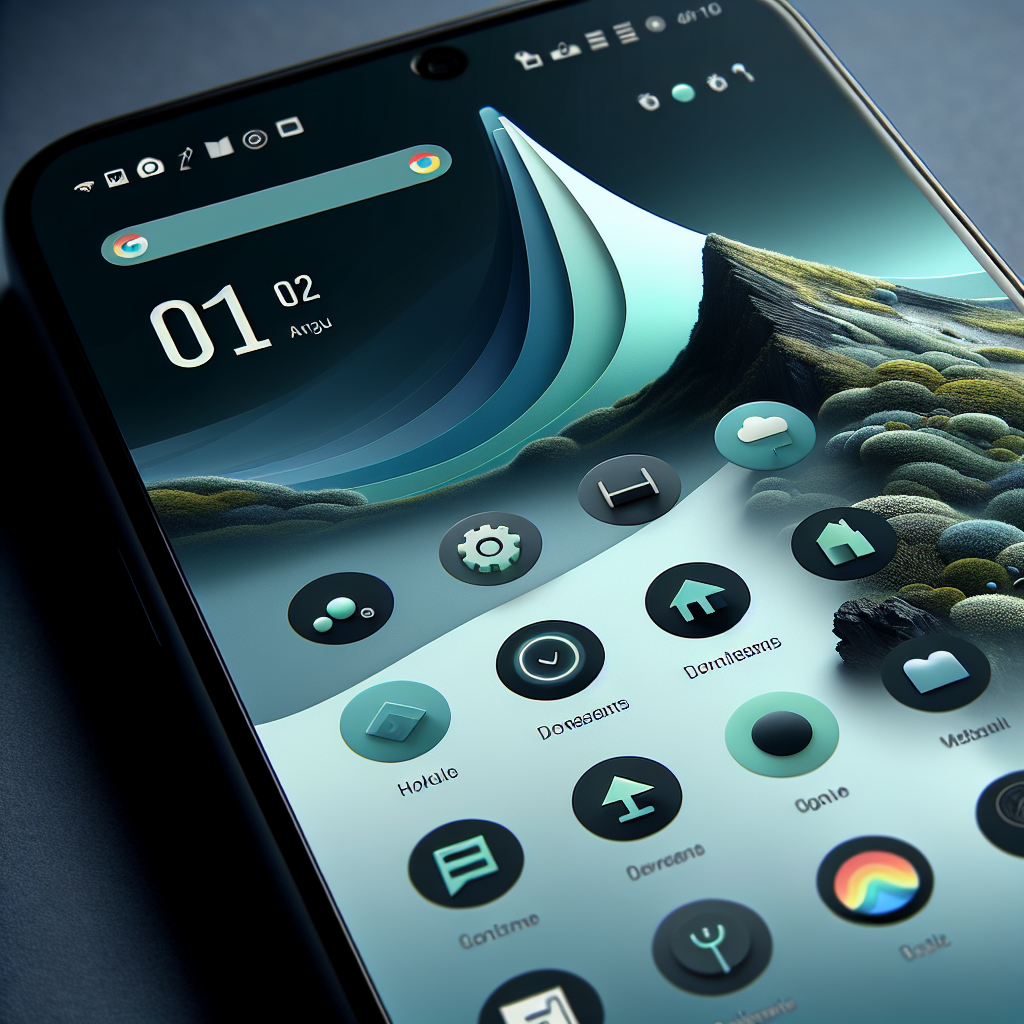 Nærbilde av en Android-telefon med moderne widgets på hjemskjermen, smarthjem-ikoner i bakgrunnen, ren blå-grønn fargepalett