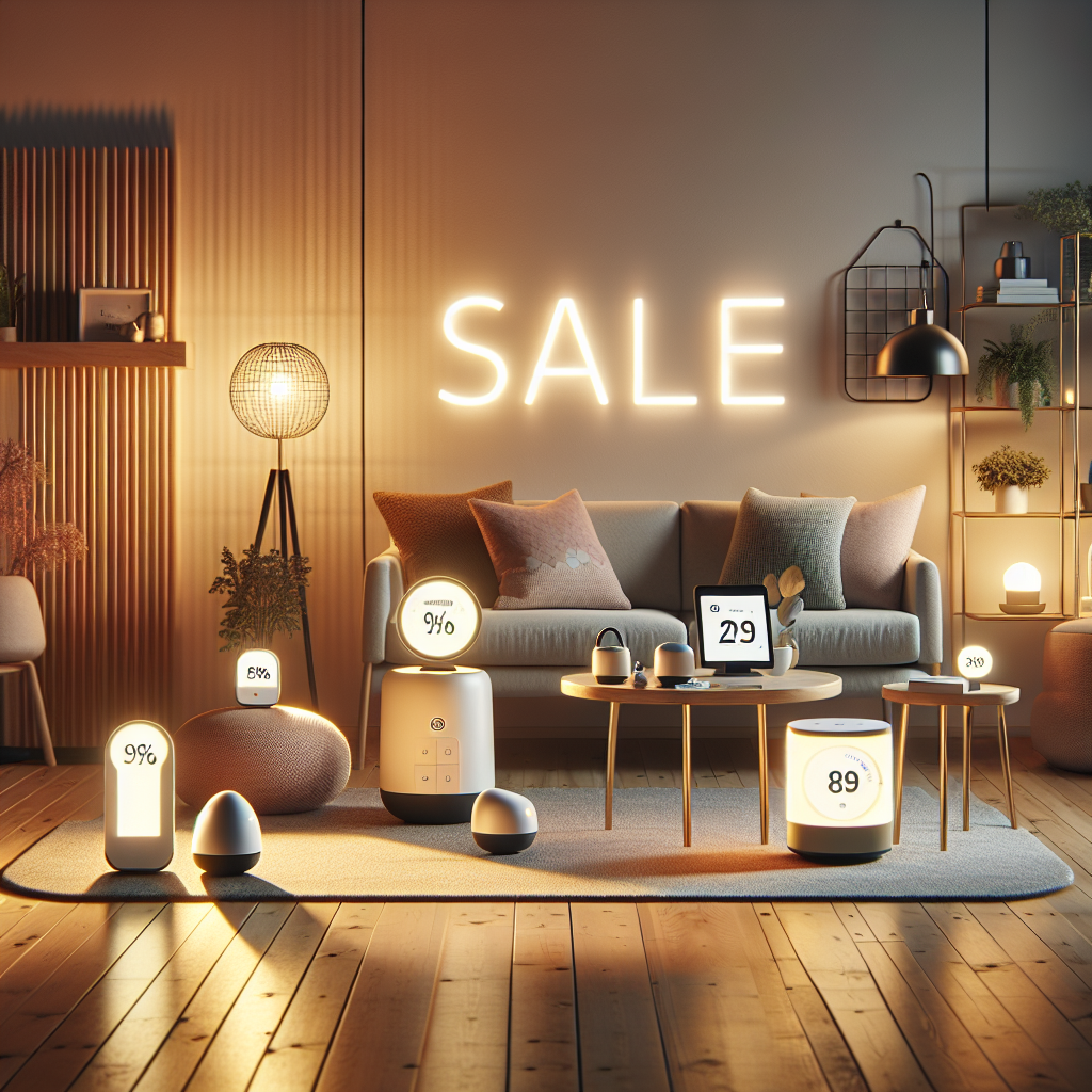 Nordisk stue med smarthjem-enheter på tilbud: smarttermometer, smartlys og hub, varm atmosfære, minimalistisk stil, myk belysning, moderne interiør