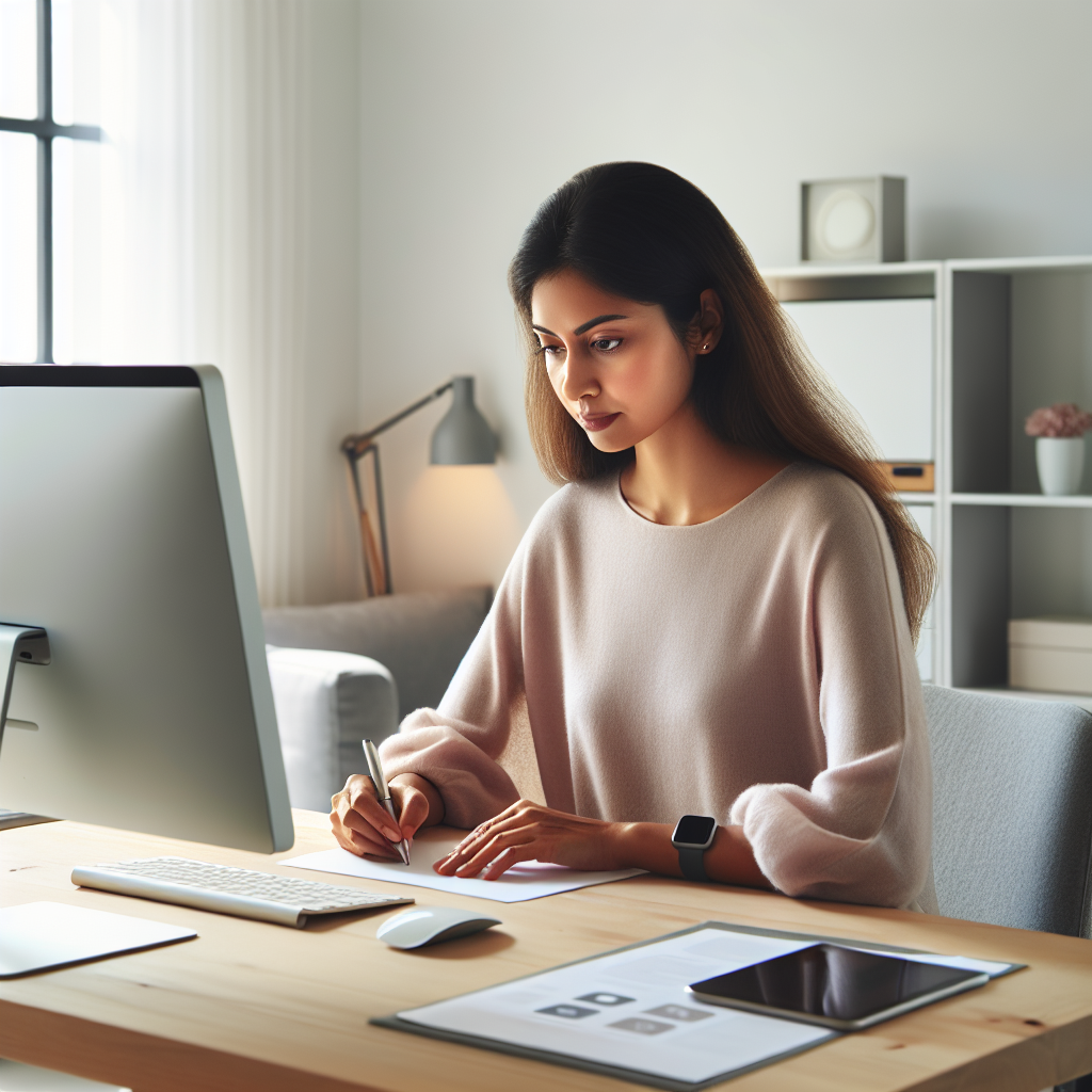 Moderne hjemmekontor i et lys, smart hjem-miljø med subtile smarthjem-enheter, dempet belysning og en person som fokuserer produktivt ved pulten